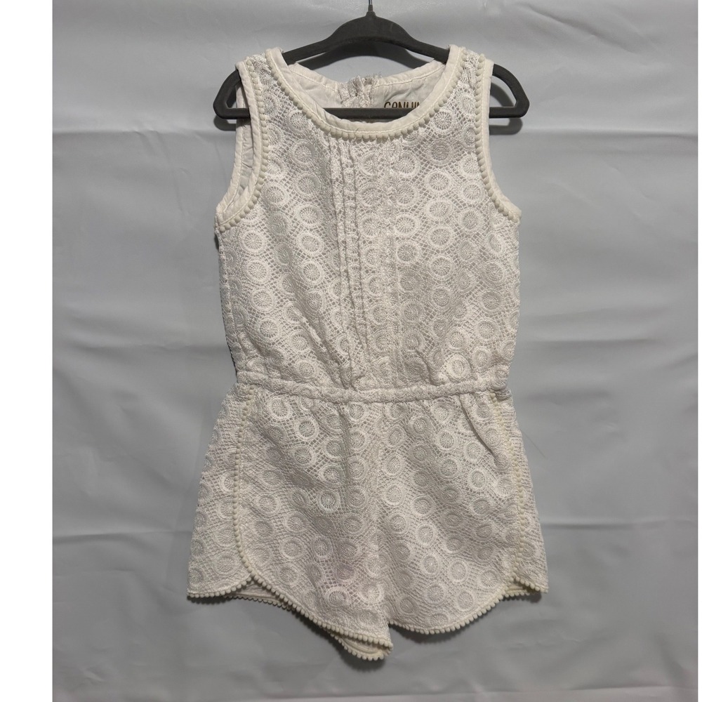 Genuine Kids from OshKosh Girls White Eyelet Lace Pom Pom Trim Romper 4T